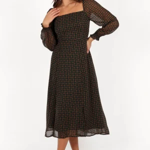 Ettie Long Sleeve Midi Dress - Pine/Tan(XS)